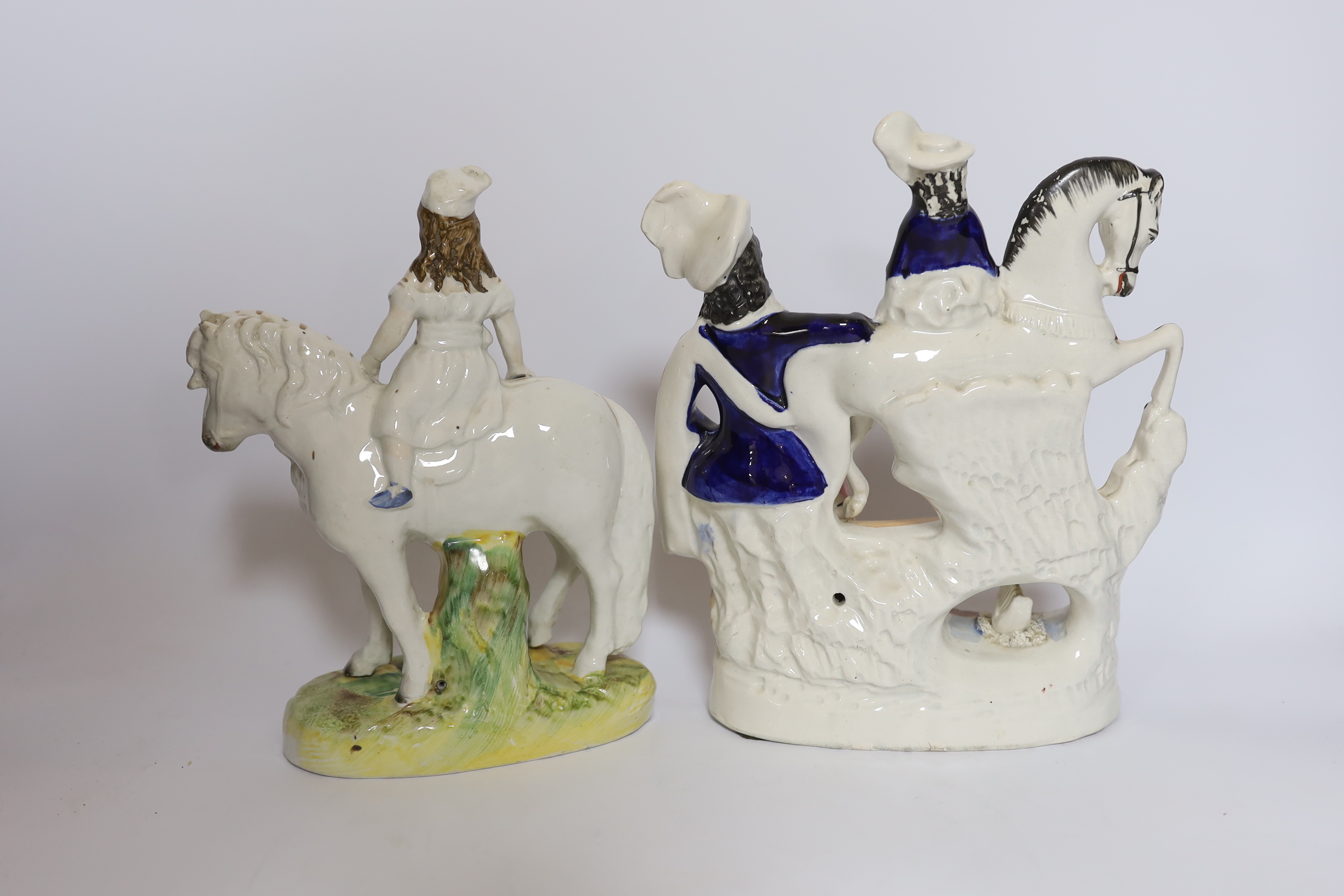 A rare Staffordshire horse group, a Princess Royal and pony group, a Palissy ware vase and a pair of stoneware thistle curtain finials, tallest 25cm